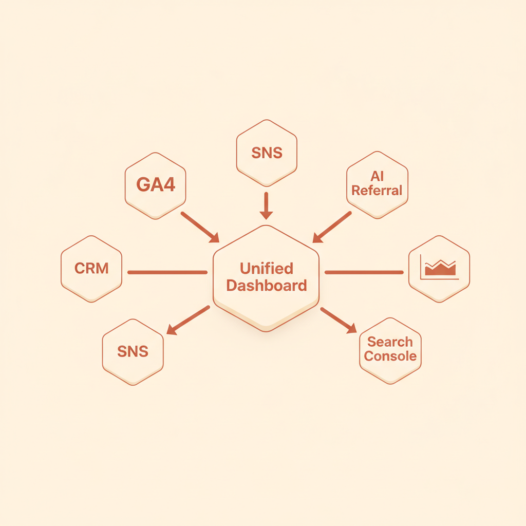 GA4・CRM・SNS・AI Referral・検索データの5つのソースが統合ダッシュボードに集約される概念図